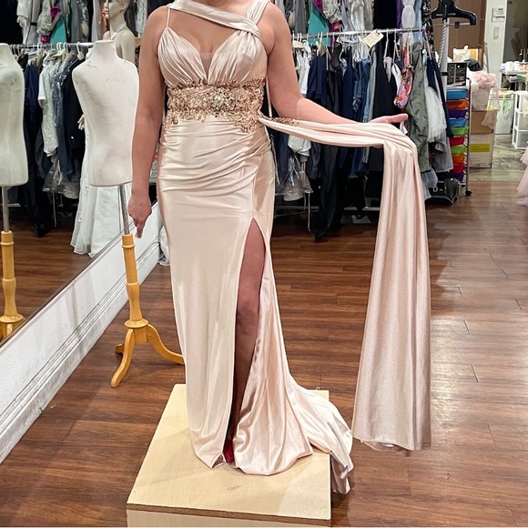 Champagne Maid of Honor or Bridesmaid dress satin gold detail, size 6 with train - Picture 11 of 11